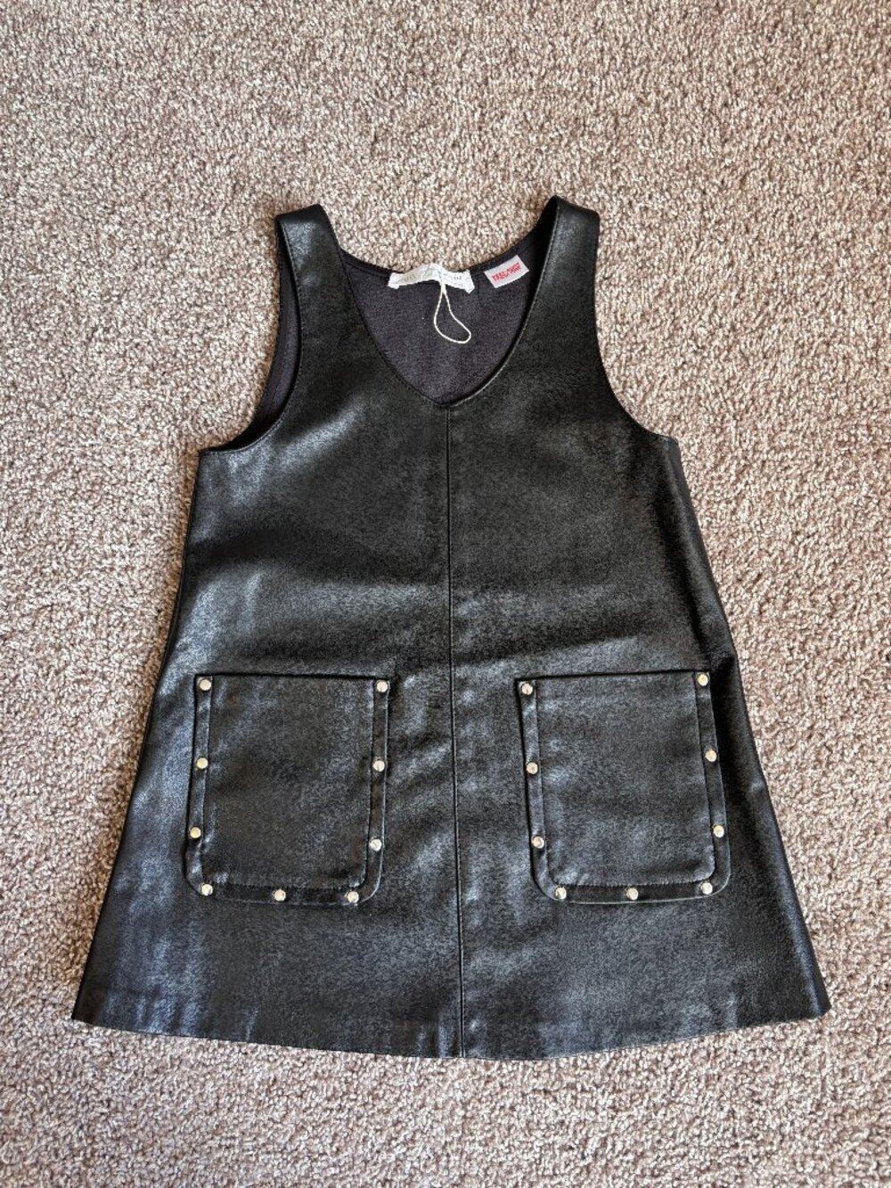 ZARA Girls Black Faux Leather Studded Pinafore Dress Size 5